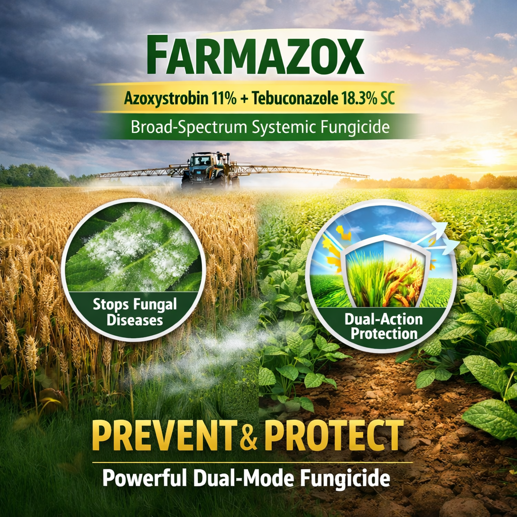 Farmazox fungicide protecting healthy crops from fungal diseases through dual-action Azoxystrobin and Tebuconazole technology